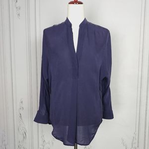 Vince 100% Silk Blouse Navy Blue Mandarin Collar Sz XS